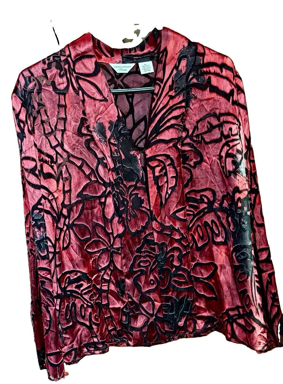 VTG Laura Ashley PL Rayon Silk Velvet Burnout Red Black Blouse Whimsygoth Y2K